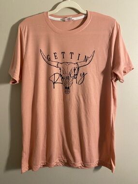 Pink Gettin Rowdy Cow Skull Tee Large